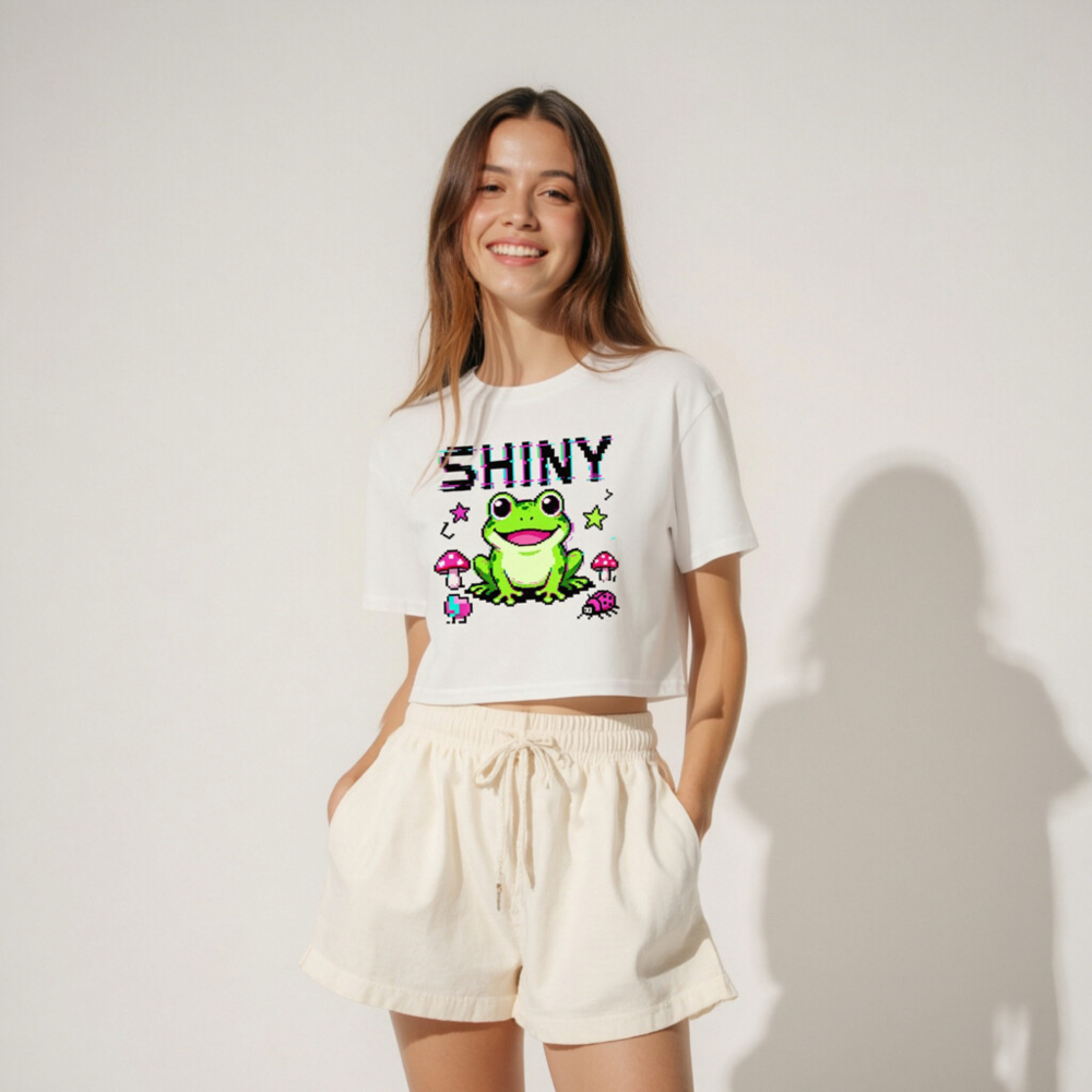 Shiny Frog Crop Top for Women | Pixel Art Green Frog, Mushrooms & Ladybug Design - Image 3