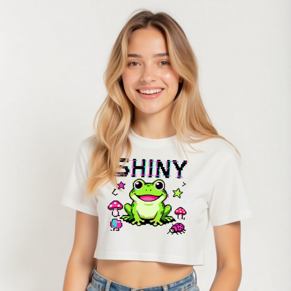 Shiny Frog Crop Top for Women | Pixel Art Green Frog, Mushrooms & Ladybug Design - Image 4