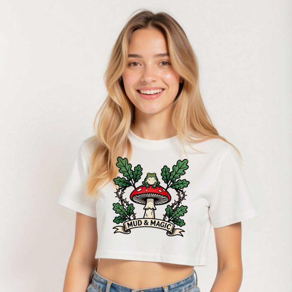 Women's Crop Top with Frog on Red Mushroom & Oak Leaves - Mud & Magic - Image 4