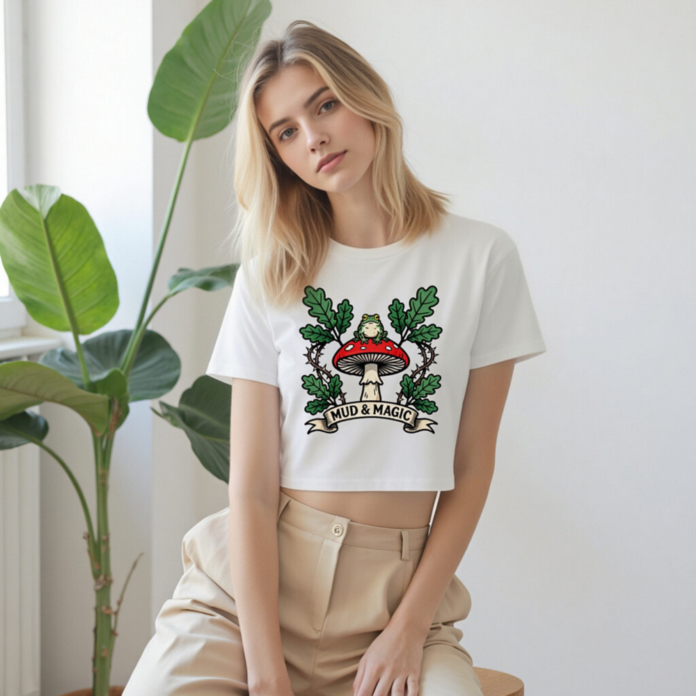 Women's Crop Top with Frog on Red Mushroom & Oak Leaves - Mud & Magic - Image 7
