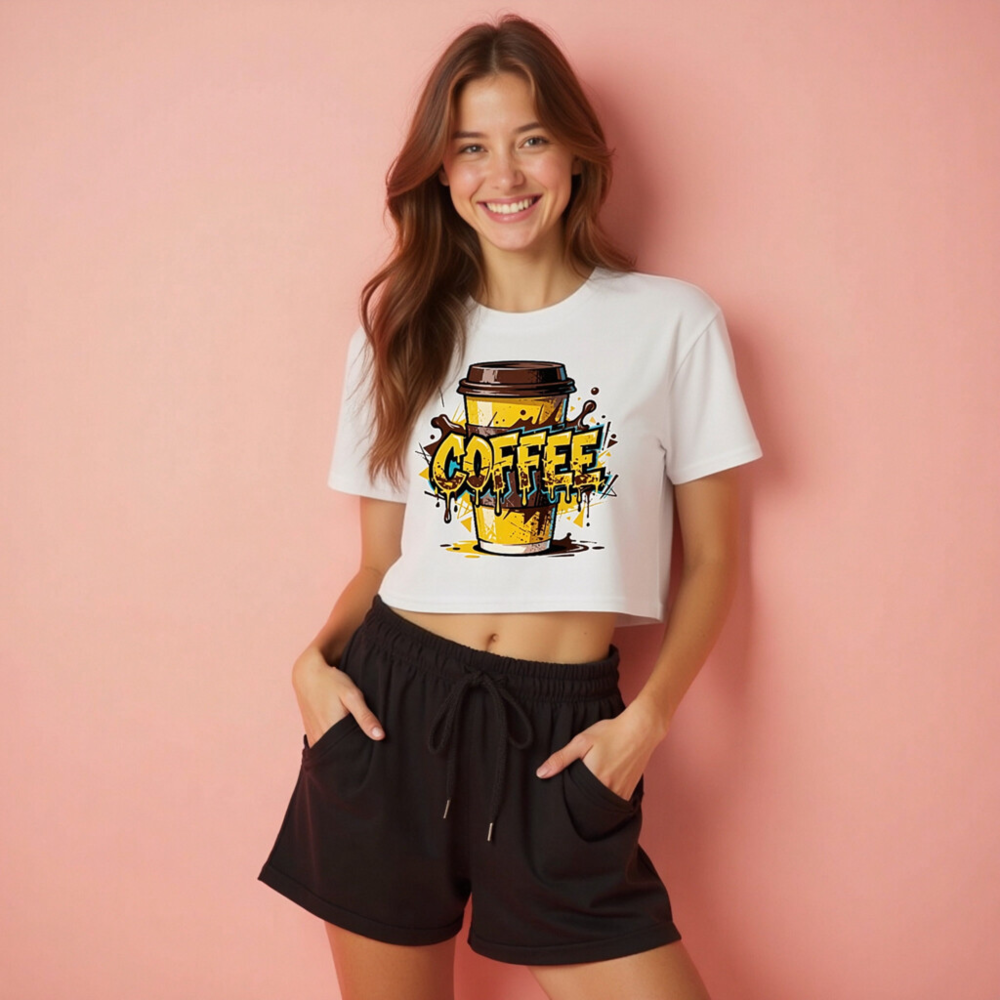 Women's Crop Top with Coffee Art Design - Trendy Short Sleeve Tee - Image 2