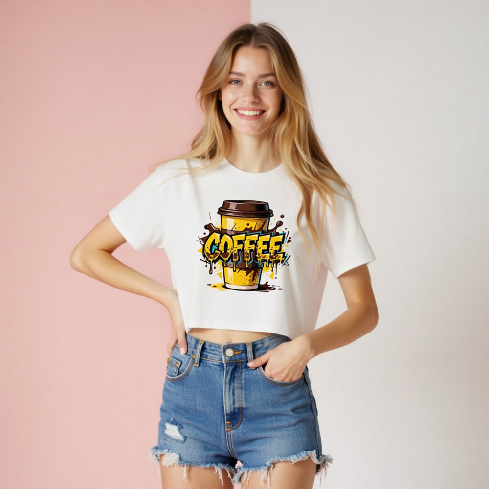 Women's Crop Top with Coffee Art Design - Trendy Short Sleeve Tee - Image 6