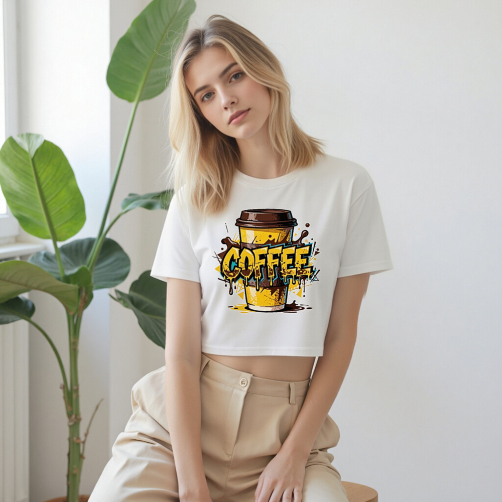 Women's Crop Top with Coffee Art Design - Trendy Short Sleeve Tee - Image 7