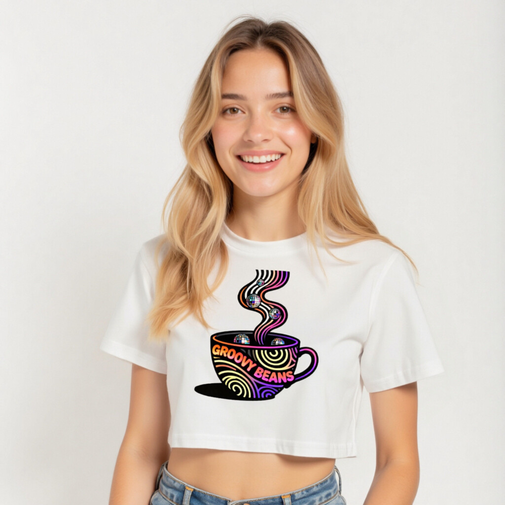 Women's Groovy Beans Crop Top | Neon Coffee Cup Design with Disco Balls - Image 4