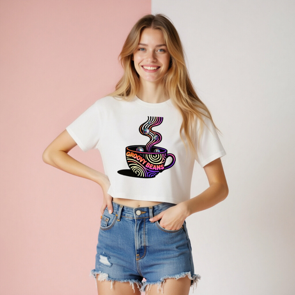 Women's Groovy Beans Crop Top | Neon Coffee Cup Design with Disco Balls - Image 6