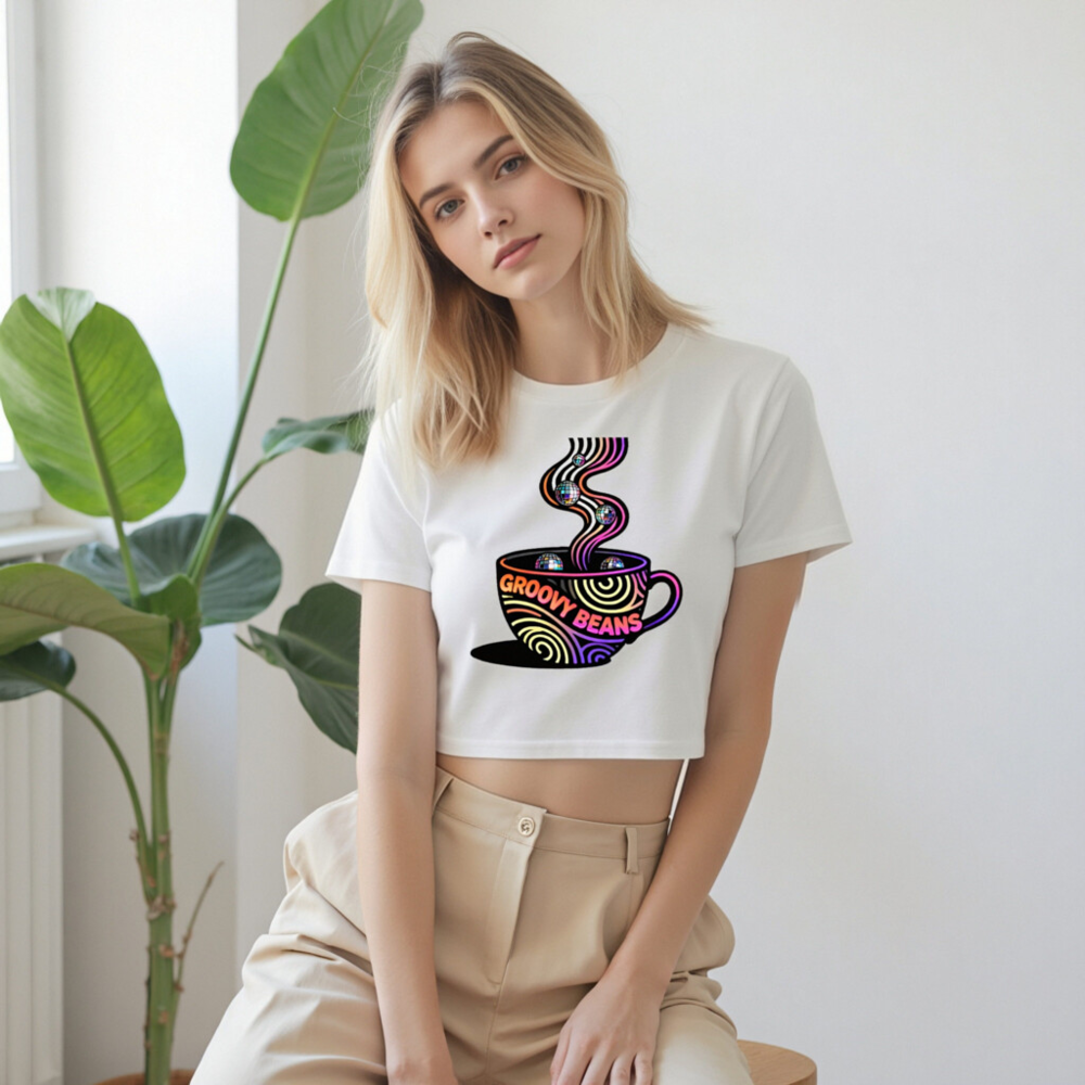 Women's Groovy Beans Crop Top | Neon Coffee Cup Design with Disco Balls - Image 7
