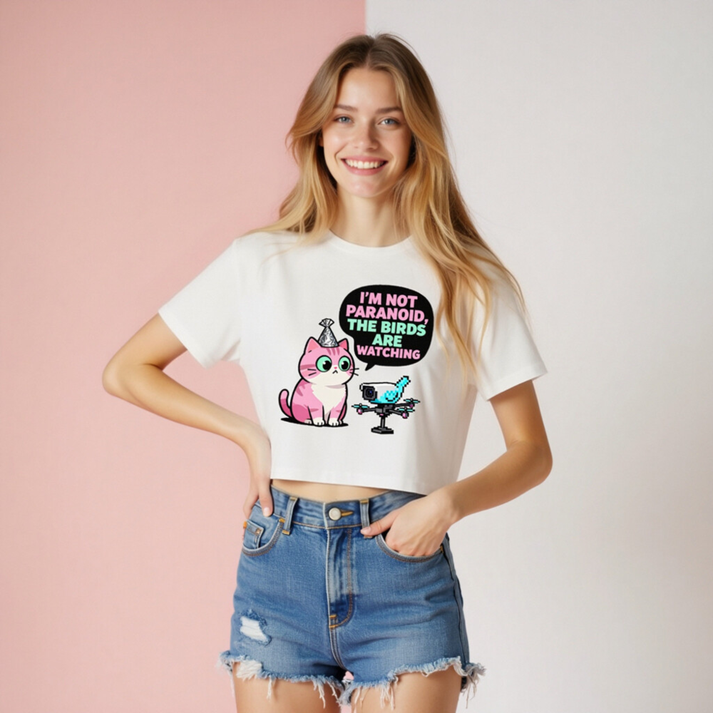 Women's Crop Top - 'I'm Not Paranoid, The Birds Are Watching' Cat & Drone Graphic Tee - Image 6