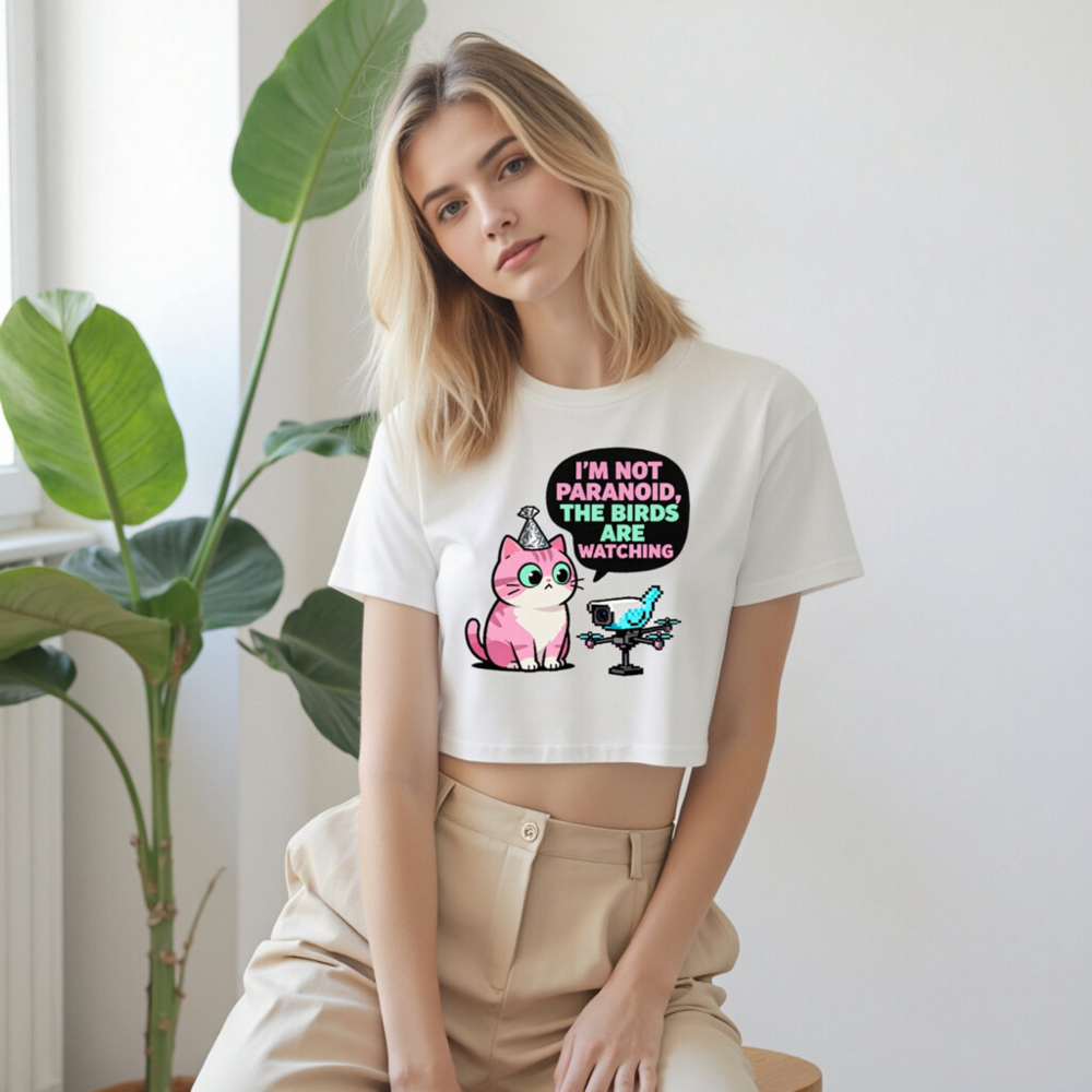 Women's Crop Top - 'I'm Not Paranoid, The Birds Are Watching' Cat & Drone Graphic Tee - Image 7