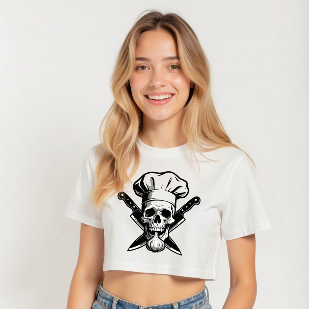Women's Crop Top with Skull Chef Hat & Crossed Knives Design - Black and White Graphic Tee - Image 4