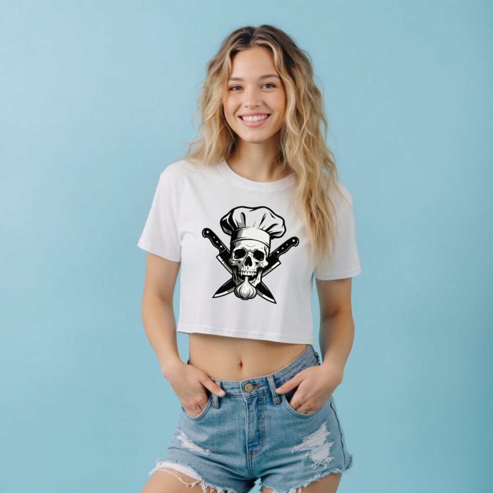 Women's Crop Top with Skull Chef Hat & Crossed Knives Design - Black and White Graphic Tee - Image 5