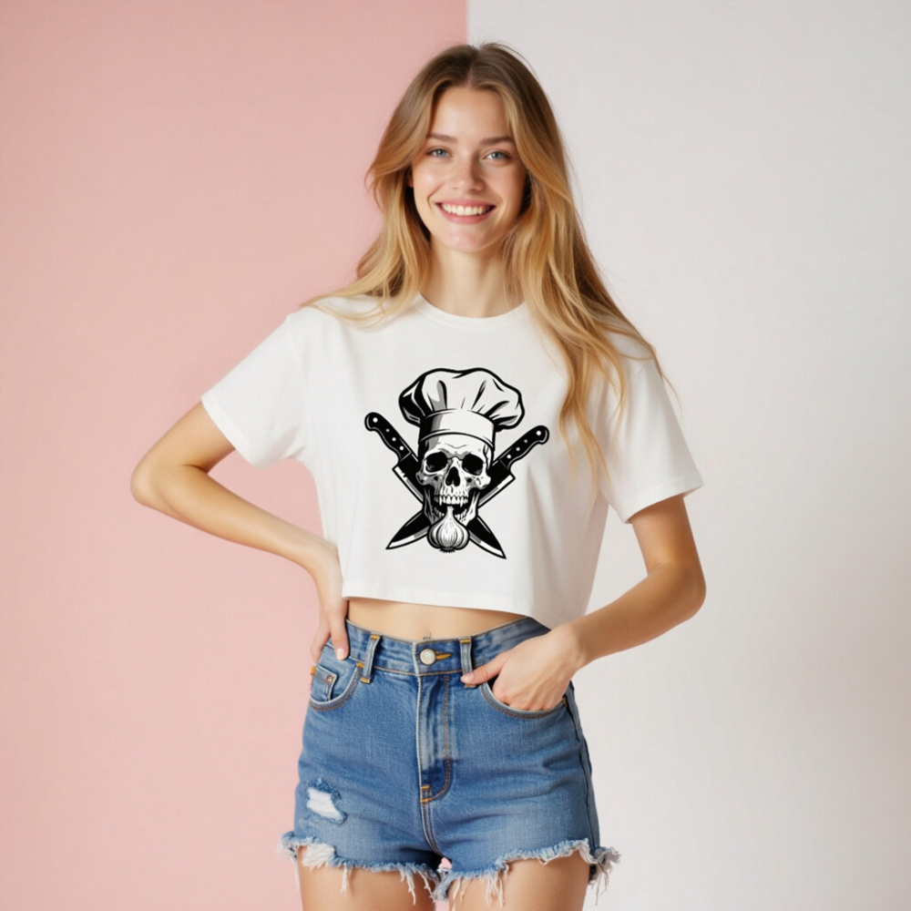 Women's Crop Top with Skull Chef Hat & Crossed Knives Design - Black and White Graphic Tee - Image 6