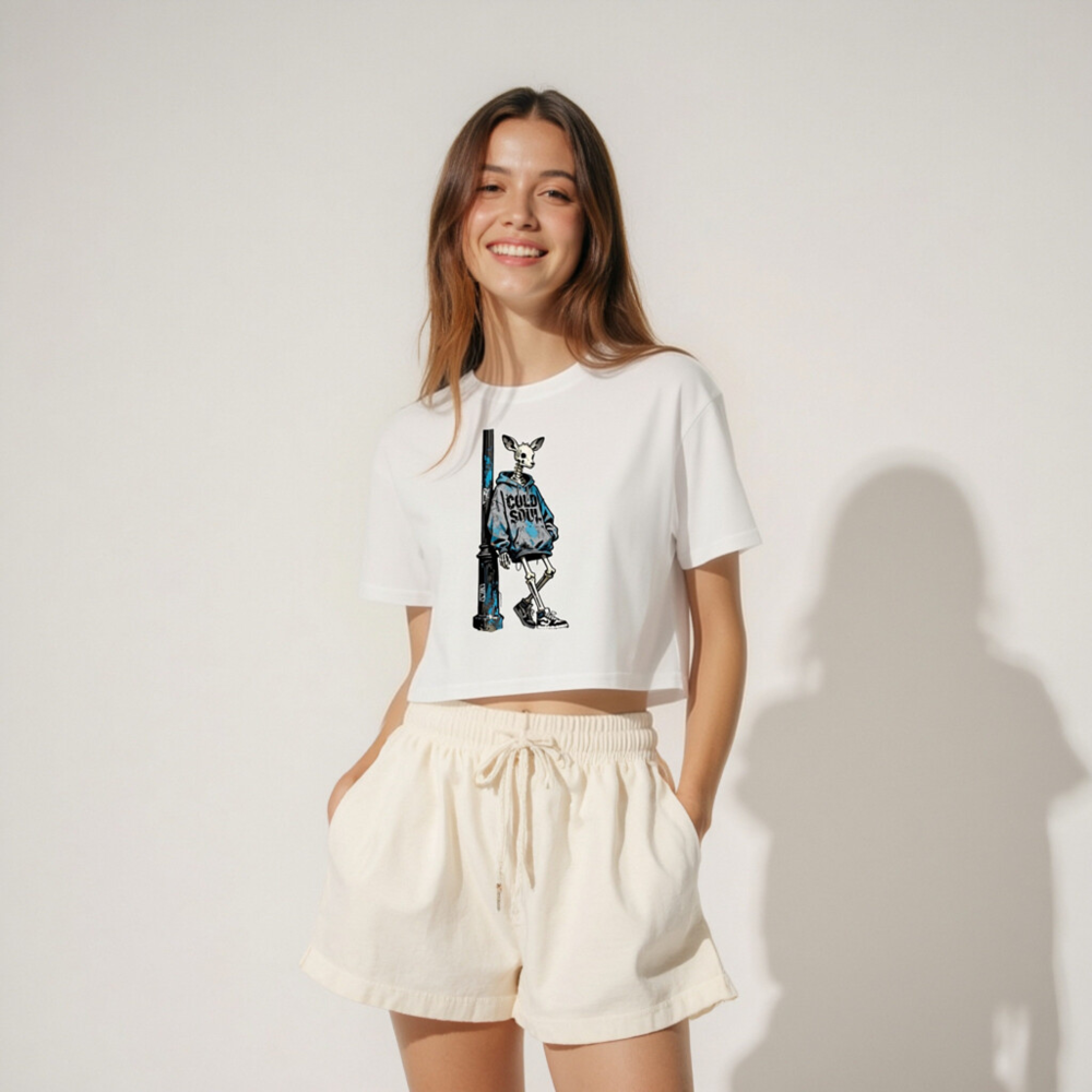 Women's Crop Top with Skeletal Deer Graphic & 'COLD SOUL' Hoodie Design - Image 3