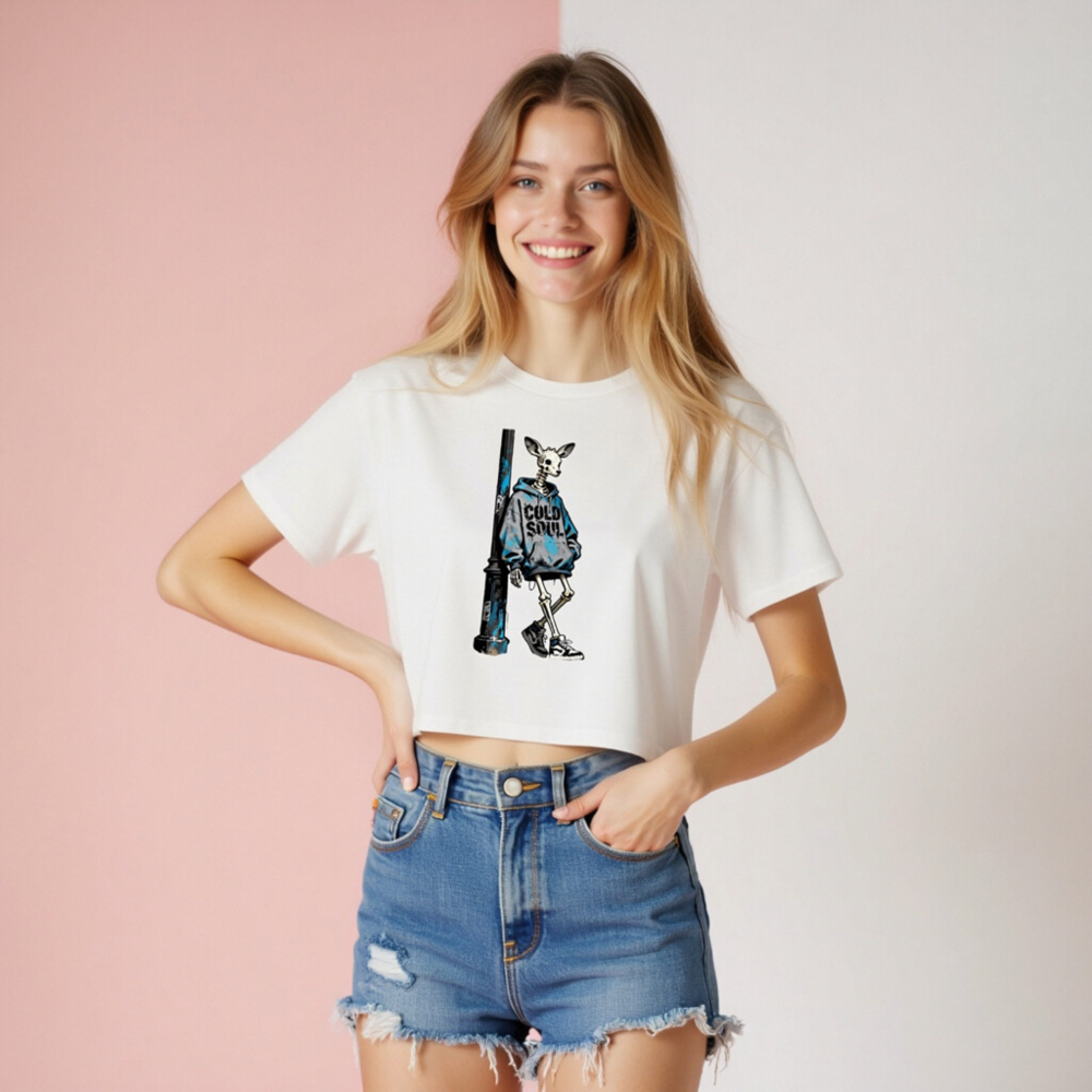 Women's Crop Top with Skeletal Deer Graphic & 'COLD SOUL' Hoodie Design - Image 6