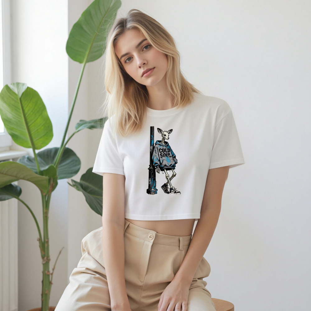 Women's Crop Top with Skeletal Deer Graphic & 'COLD SOUL' Hoodie Design - Image 7