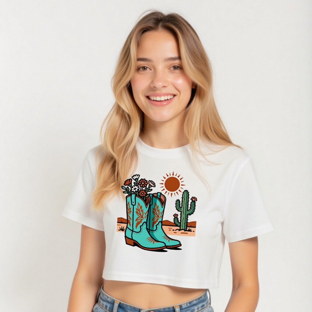 Women's Turquoise Cowboy Boots & Cactus Crop Top | Western Floral Desert Design - Image 4