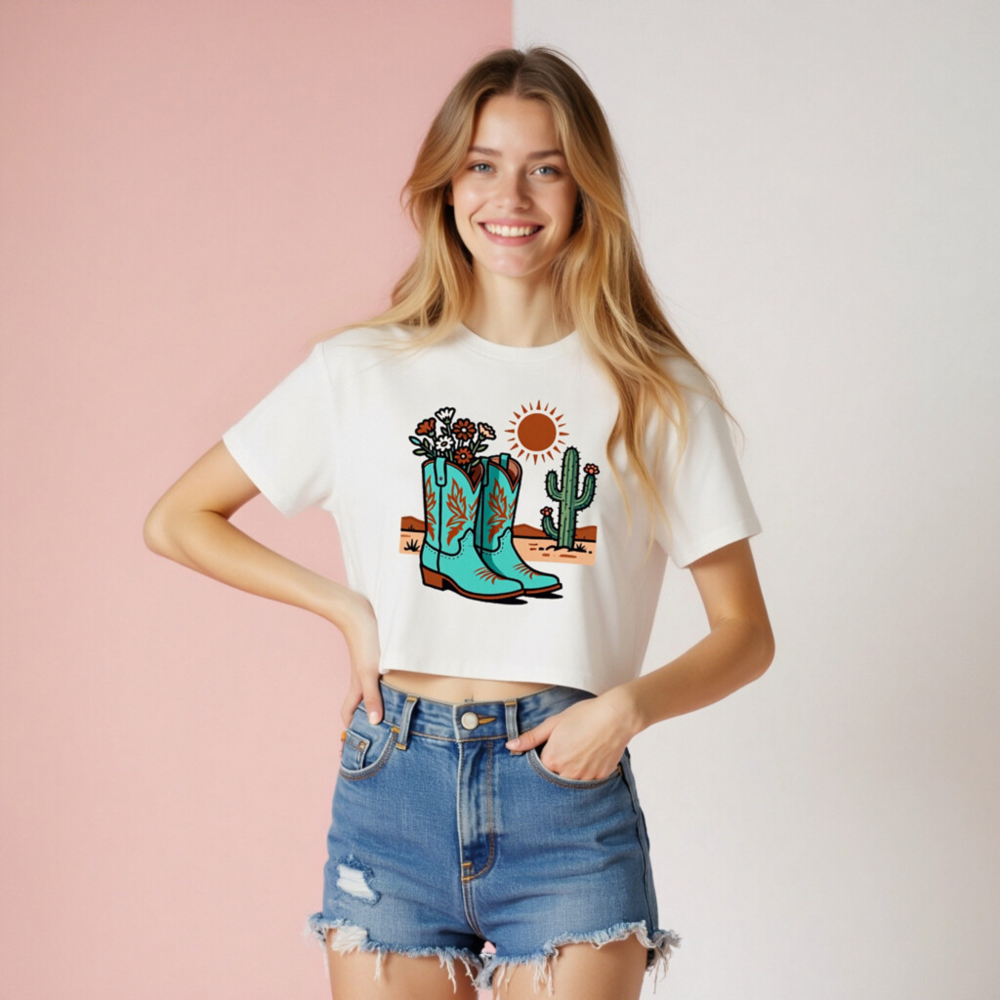 Women's Turquoise Cowboy Boots & Cactus Crop Top | Western Floral Desert Design - Image 6