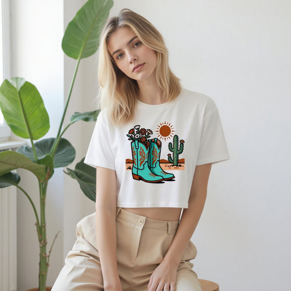 Women's Turquoise Cowboy Boots & Cactus Crop Top | Western Floral Desert Design - Image 7