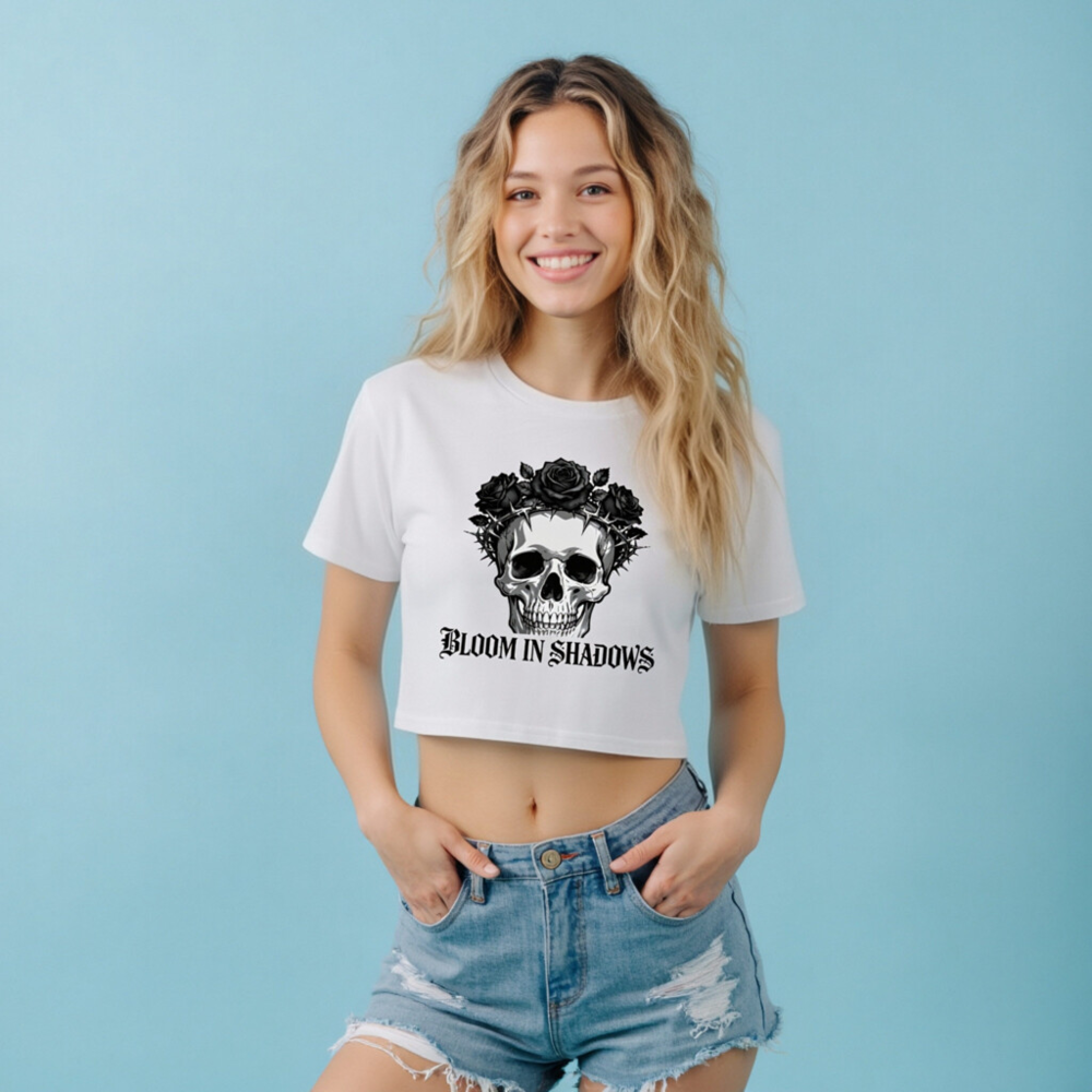 Women's Crop Top - Skull with Roses & Thorns, Bloom in Shadows - Image 5