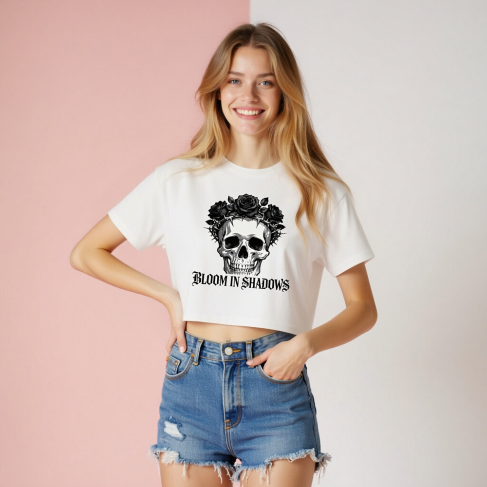 Women's Crop Top - Skull with Roses & Thorns, Bloom in Shadows - Image 6