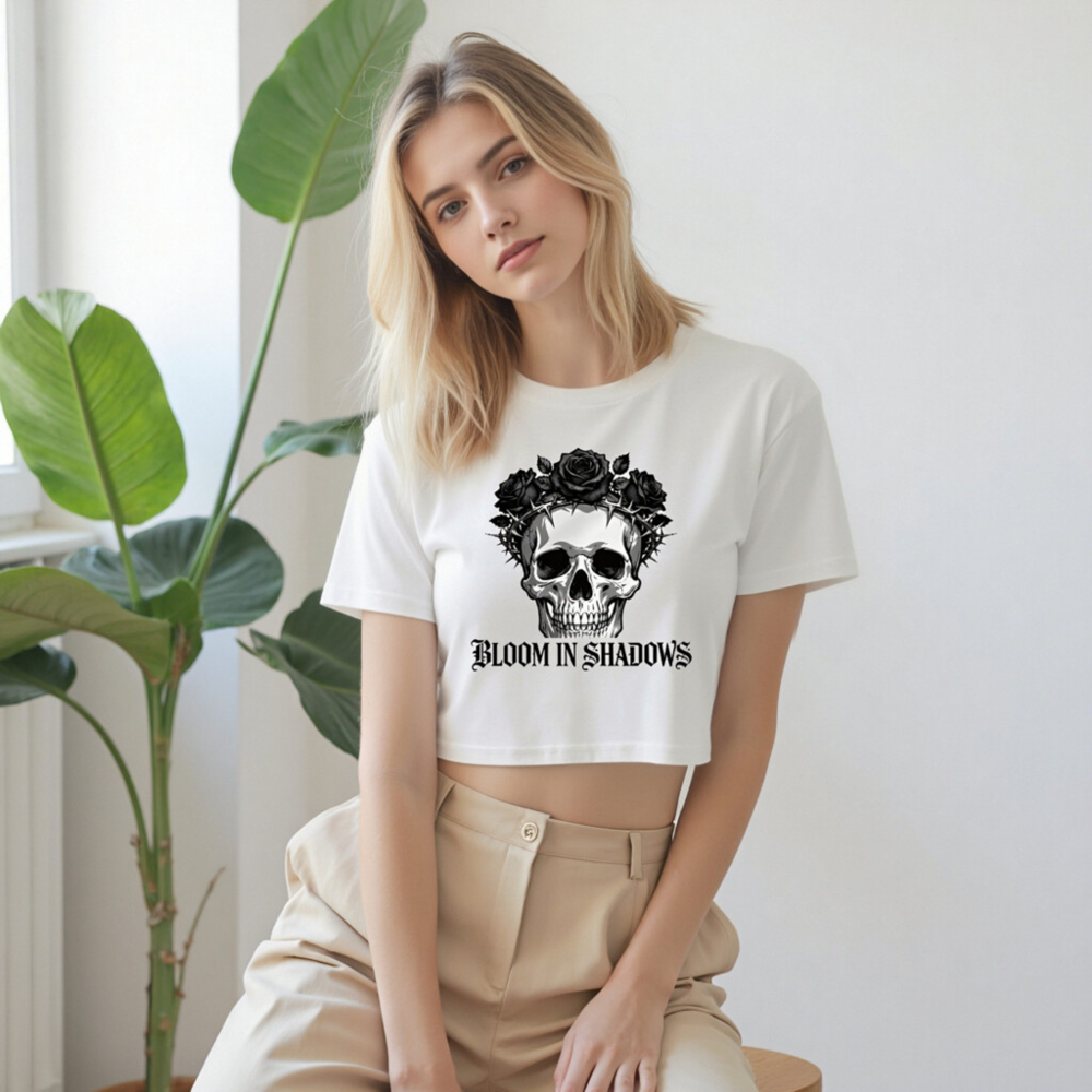 Women's Crop Top - Skull with Roses & Thorns, Bloom in Shadows - Image 7