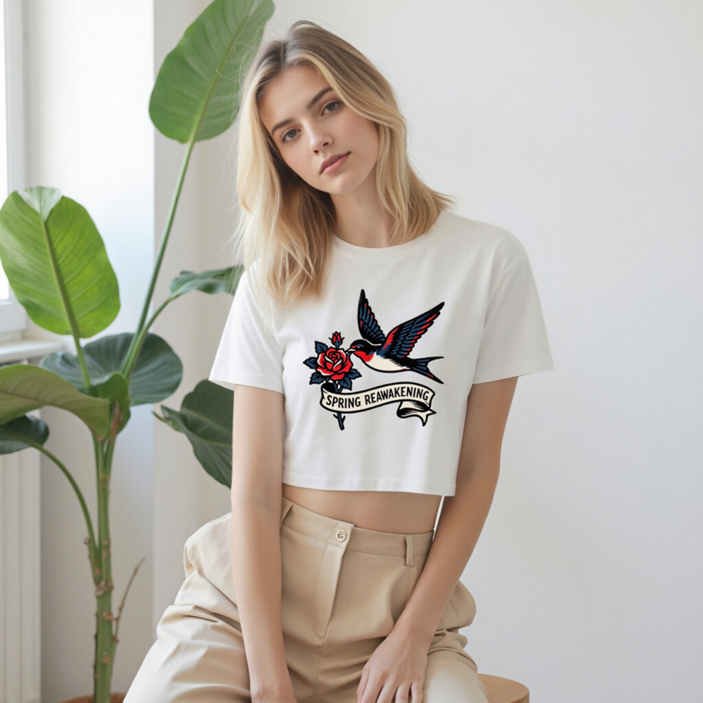 Women's Crop Top - Spring Reawakening Swallow & Rose Tattoo Design - Image 7