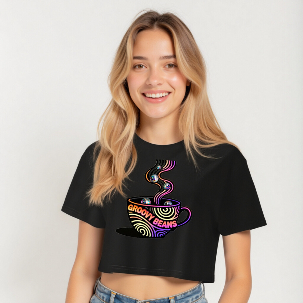 Women's Groovy Beans Crop Top | Neon Disco Coffee Tee - Image 4