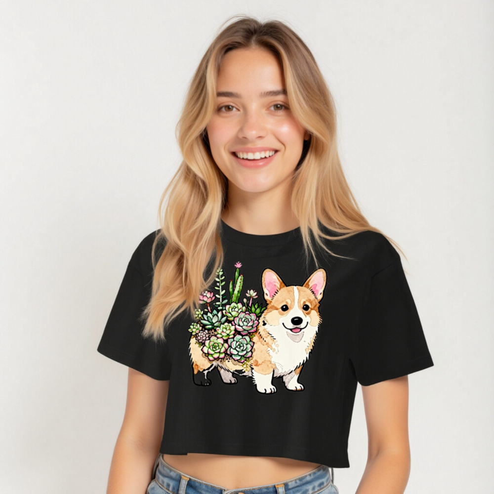 Corgi with Succulents Women's Crop Top - Cute Dog Graphic Tee - Image 4