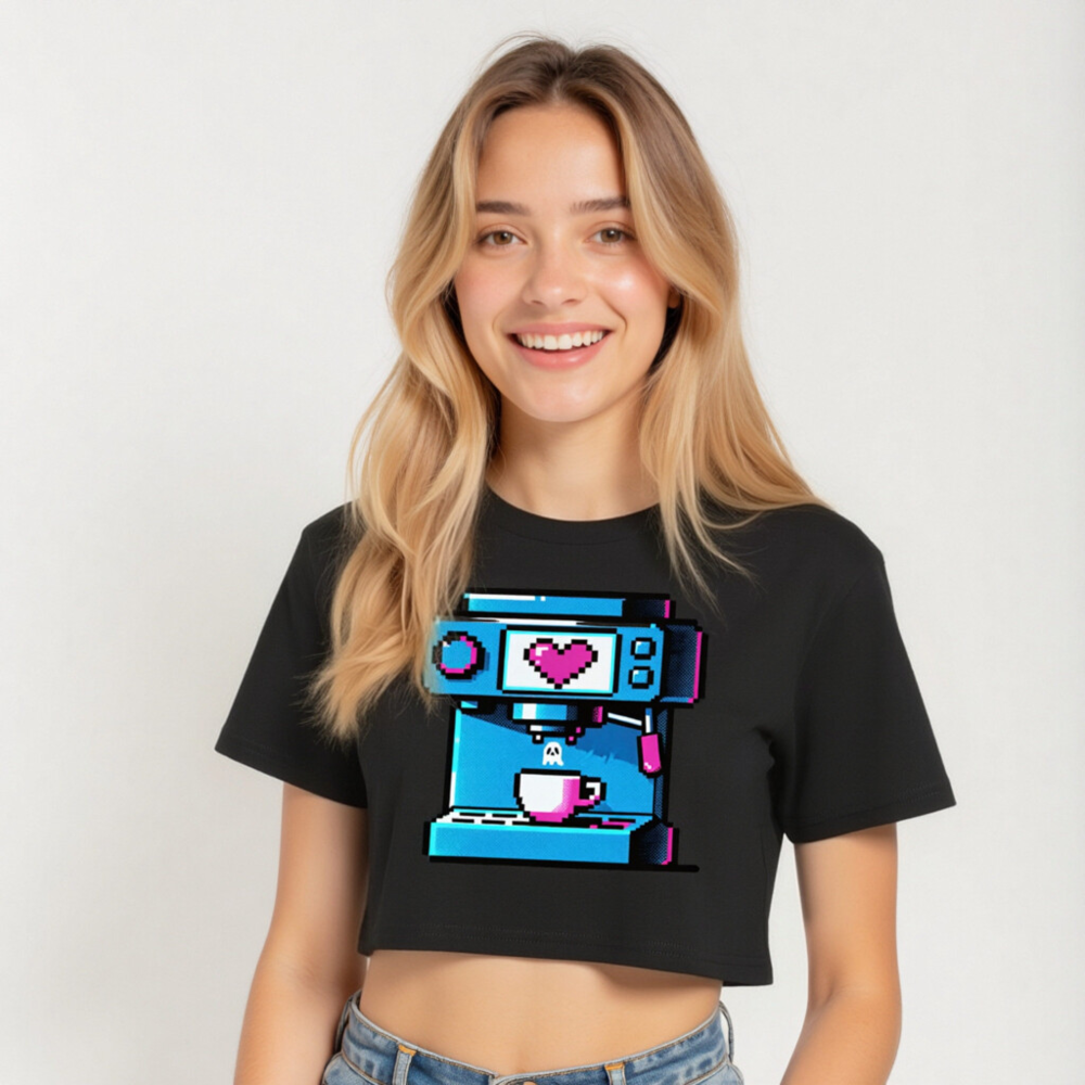 Pixel Art Coffee Machine Women's Crop Top - Blue & Pink Retro Gaming Tee - Image 4