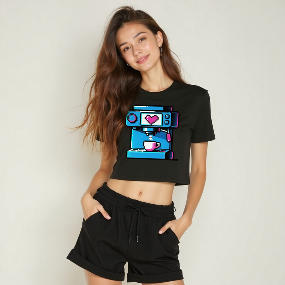 Pixel Art Coffee Machine Women's Crop Top - Blue & Pink Retro Gaming Tee - Image 5