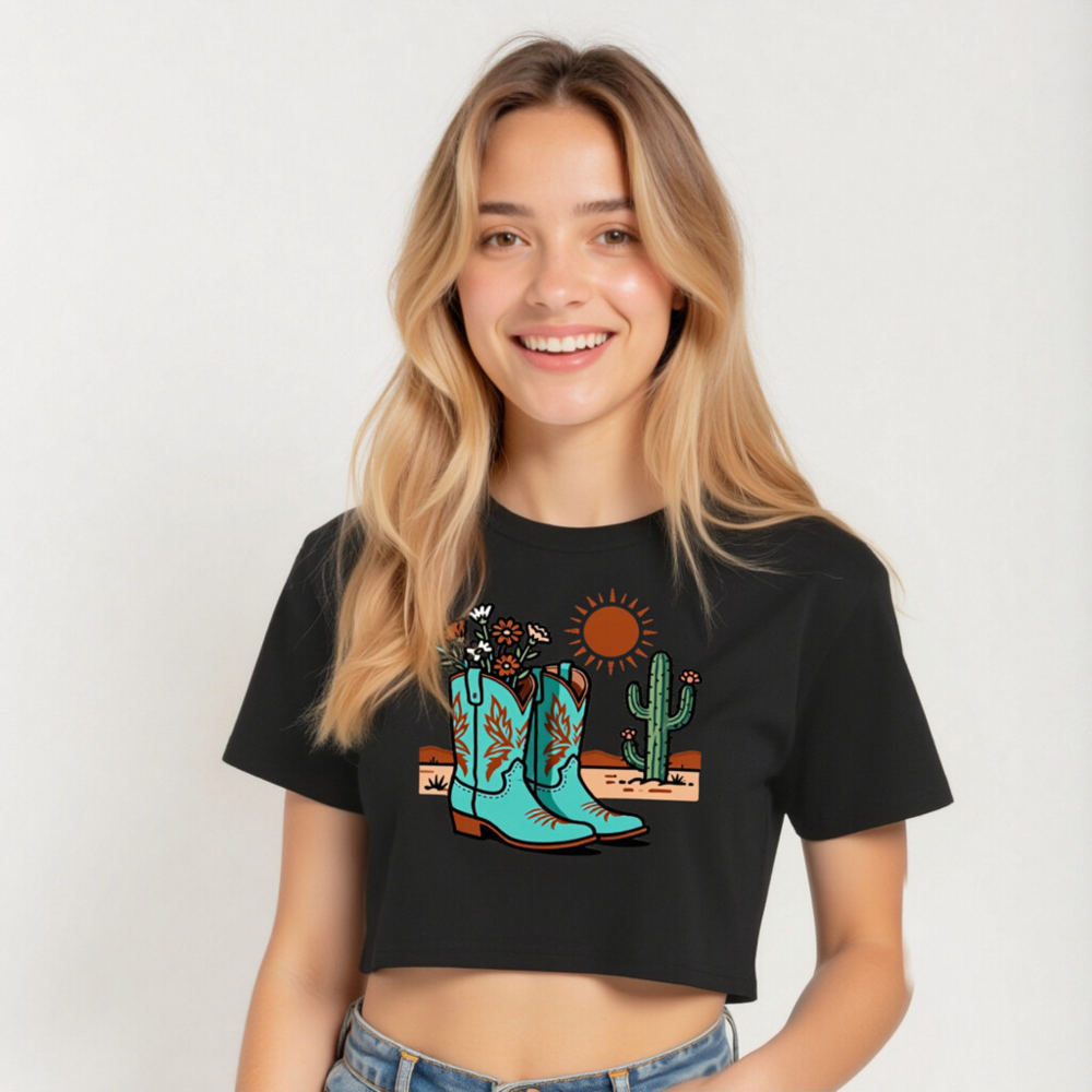 Women's Crop Top with Cowboy Boots & Cactus Desert Design - Teal Western Style - Image 4