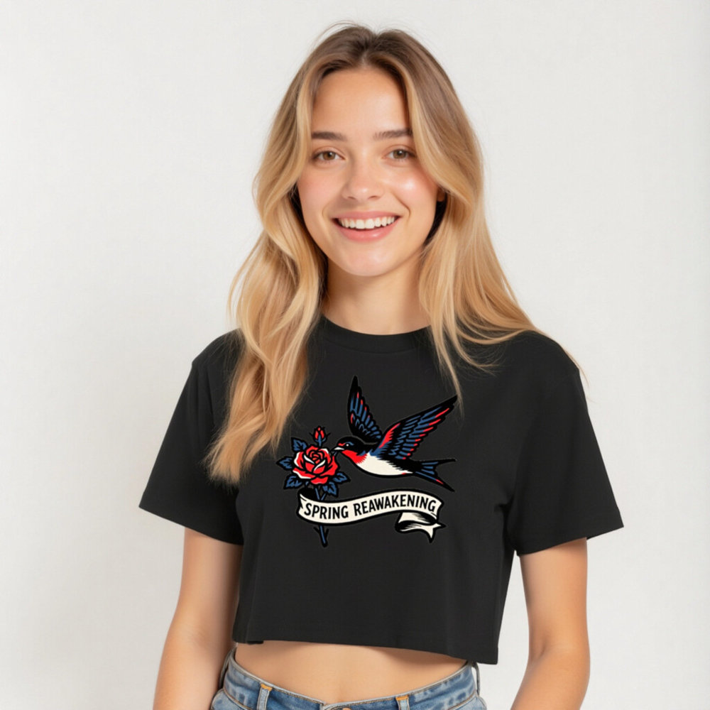 Women's Crop Top - Spring Reawakening Swallow & Rose Tattoo Design - Image 4