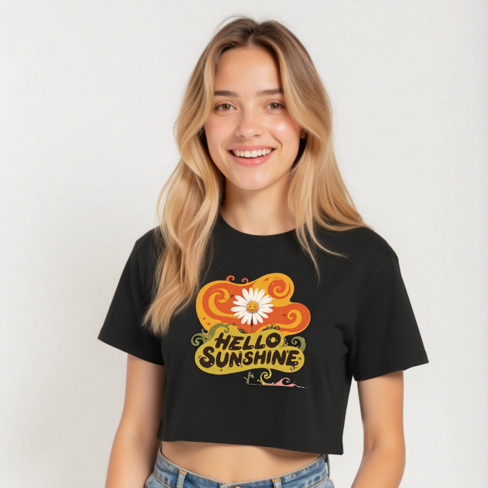 Women's Crop Top - Hello Sunshine Daisy Graphic Tee, Short Sleeve, Black - Image 4