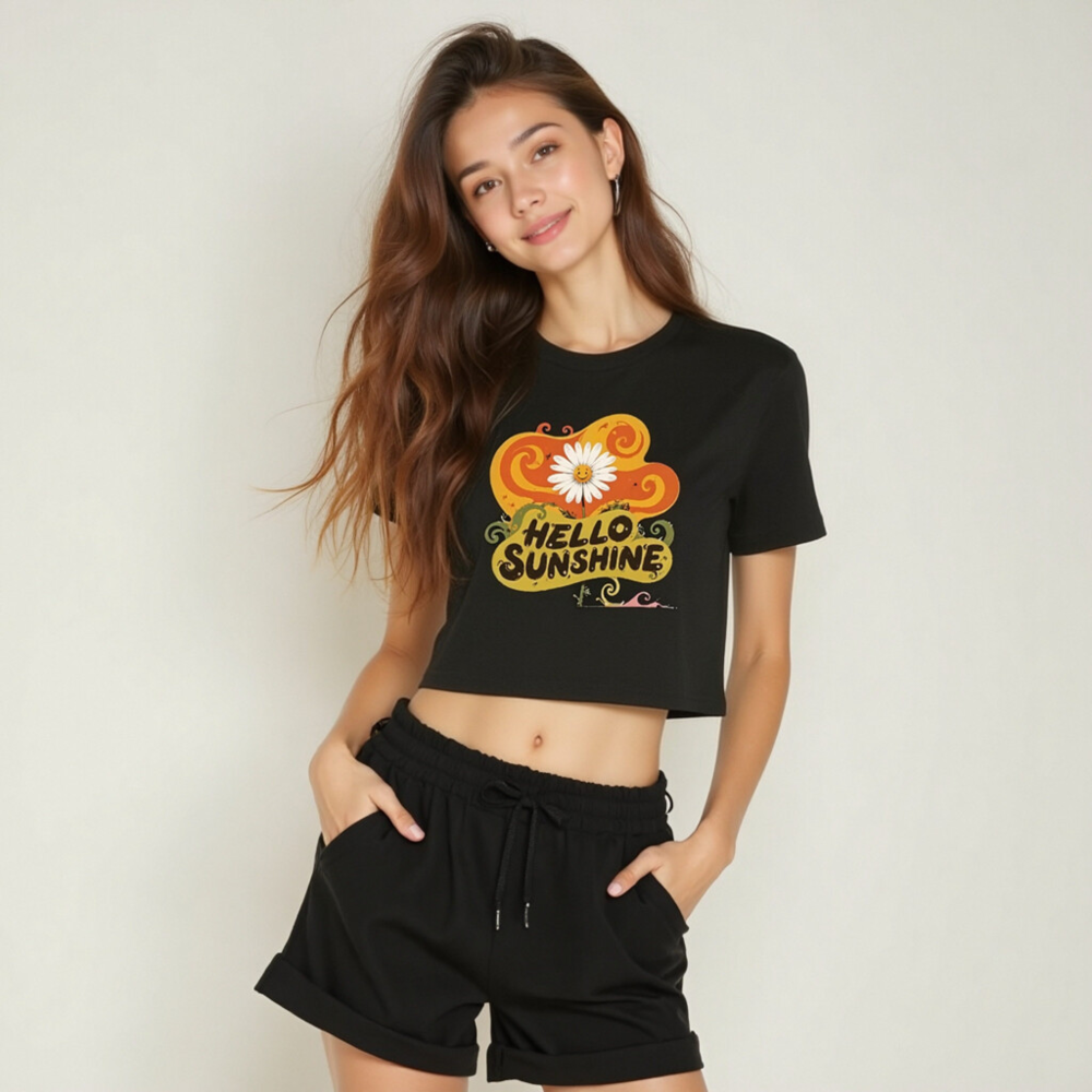 Women's Crop Top - Hello Sunshine Daisy Graphic Tee, Short Sleeve, Black - Image 5