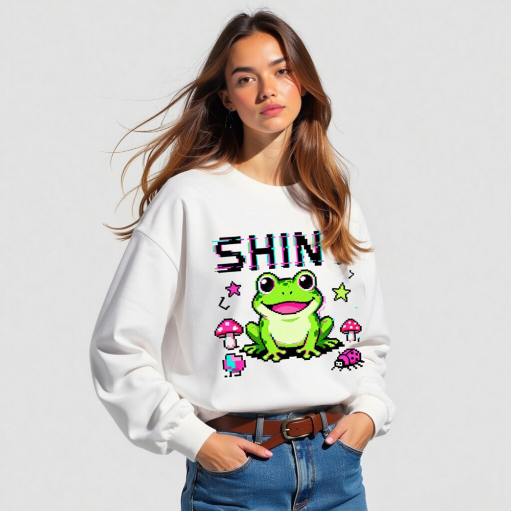Shiny Frog Pixel Art Unisex Long Sleeve Tee - Cute Green Amphibian Design - Image 3
