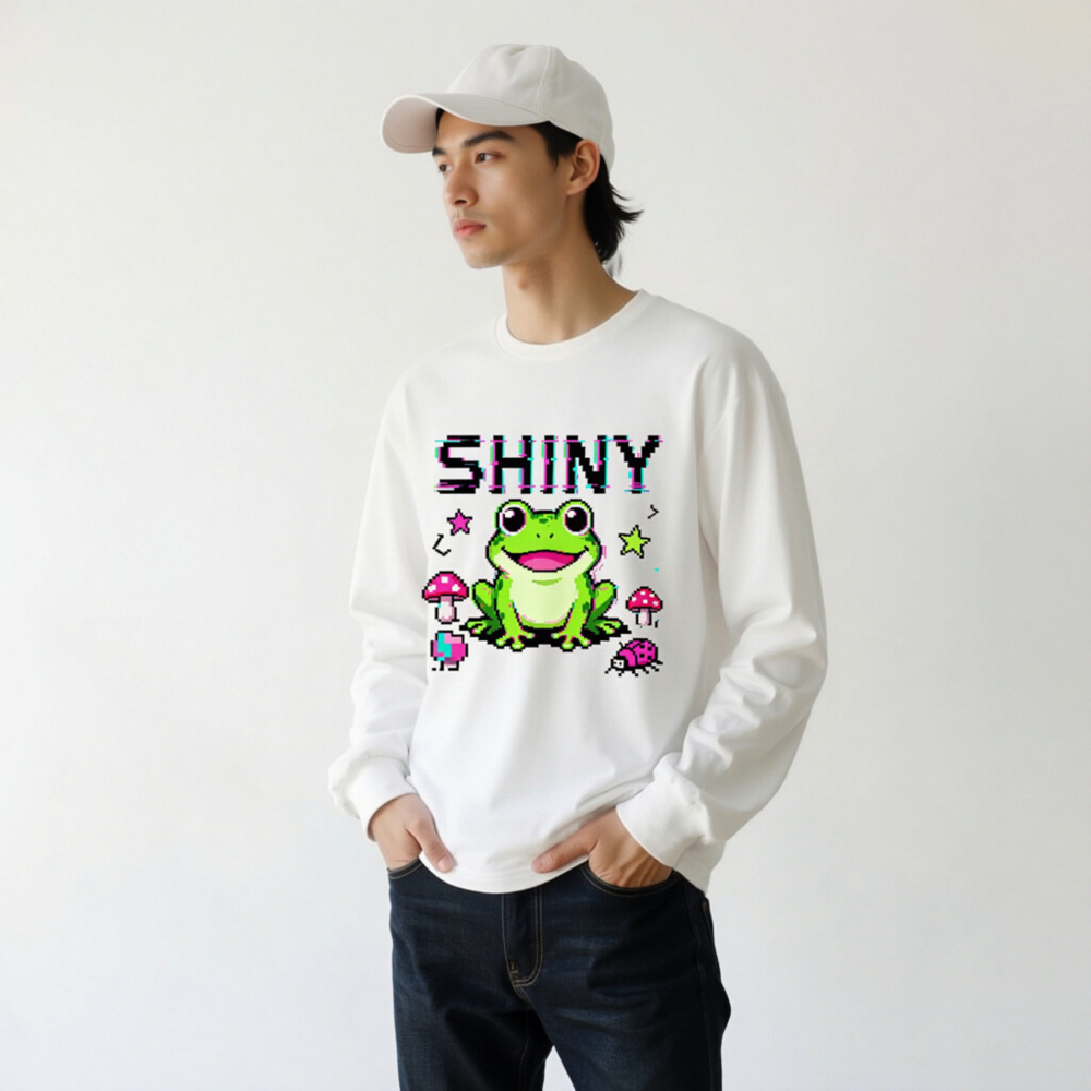 Shiny Frog Pixel Art Unisex Long Sleeve Tee - Cute Green Amphibian Design - Image 5