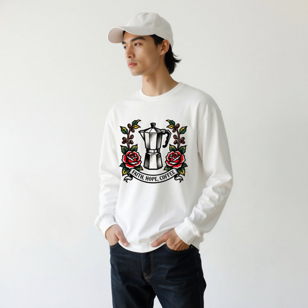 Faith, Hope, Coffee Moka Pot Long Sleeve Tee - Unisex Classic Fit - Image 5
