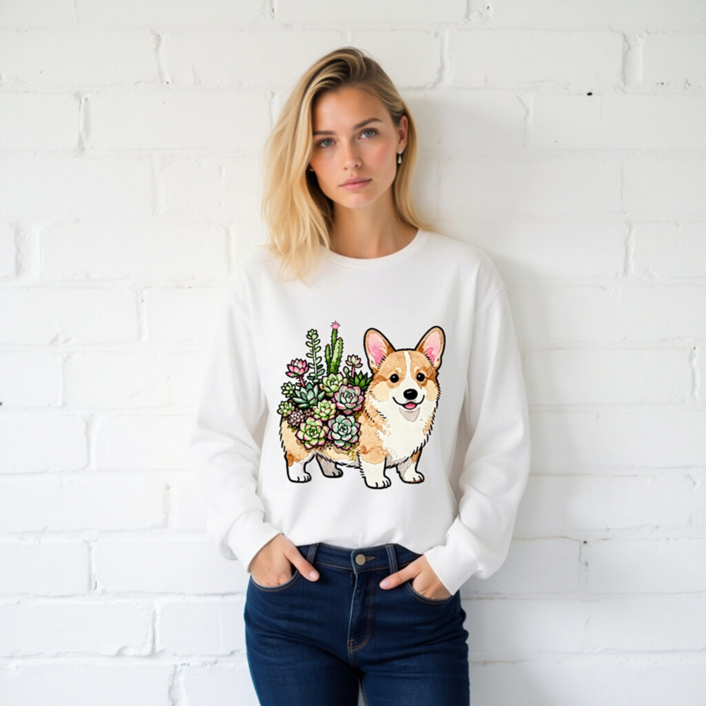 Corgi with Succulents Unisex Long Sleeve Tee - Cute Dog Plant Design - Image 2