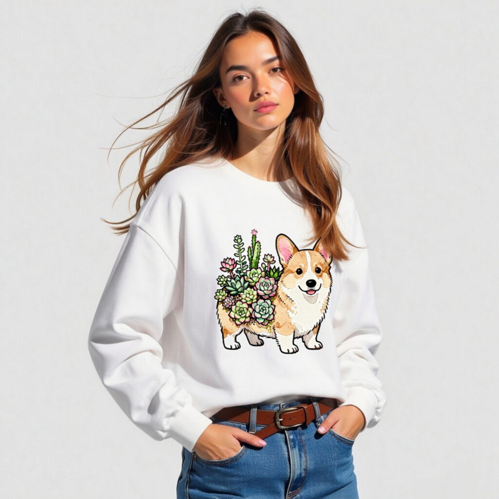 Corgi with Succulents Unisex Long Sleeve Tee - Cute Dog Plant Design - Image 3