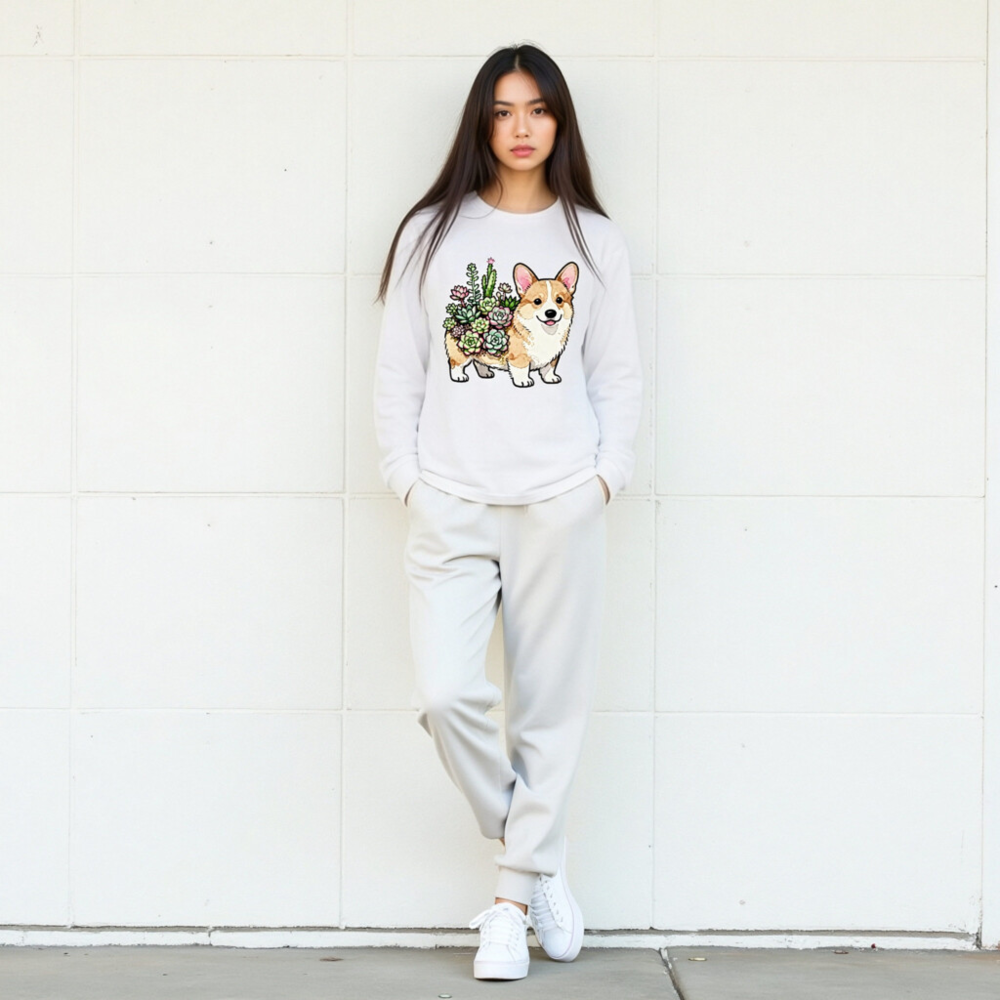 Corgi with Succulents Unisex Long Sleeve Tee - Cute Dog Plant Design - Image 4