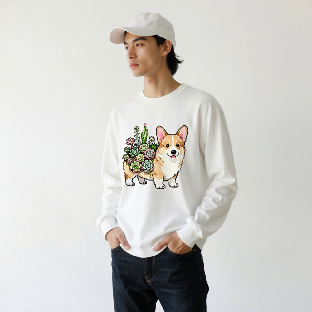 Corgi with Succulents Unisex Long Sleeve Tee - Cute Dog Plant Design - Image 5