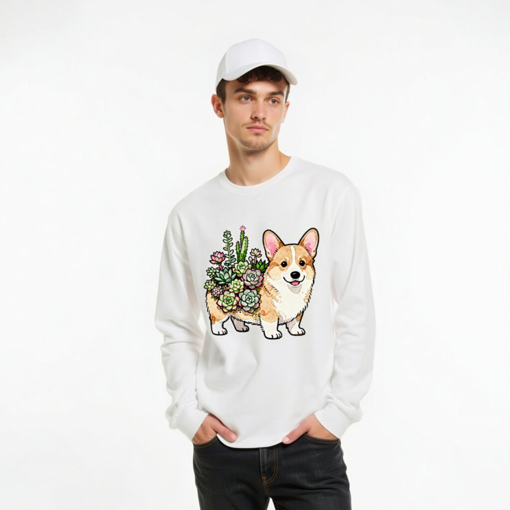 Corgi with Succulents Unisex Long Sleeve Tee - Cute Dog Plant Design - Image 6