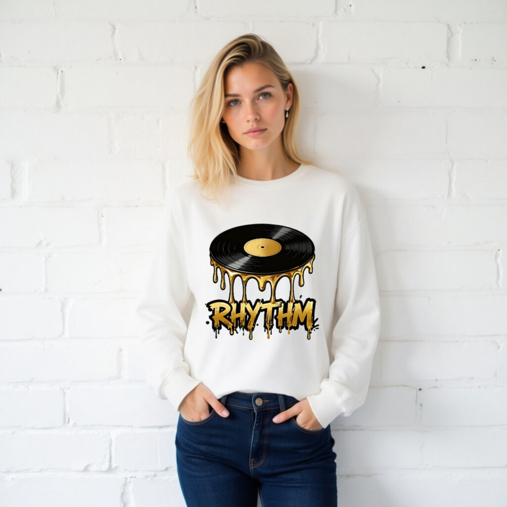 Rhythm Vinyl Record Long Sleeve Tee - Unisex Black & Gold Dripping Design - Image 2