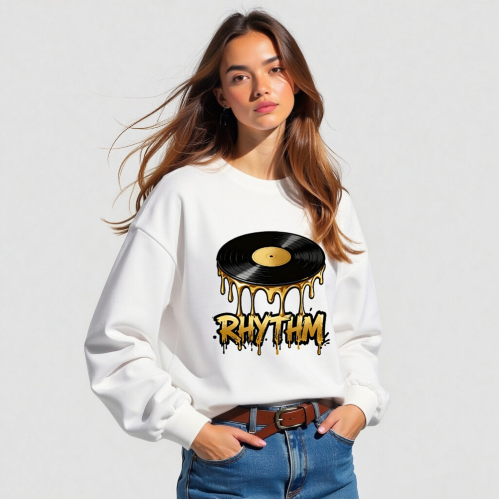 Rhythm Vinyl Record Long Sleeve Tee - Unisex Black & Gold Dripping Design - Image 3