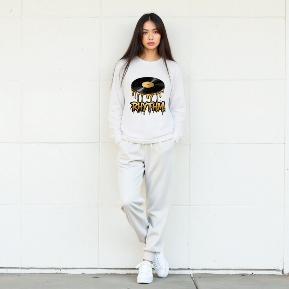 Rhythm Vinyl Record Long Sleeve Tee - Unisex Black & Gold Dripping Design - Image 4