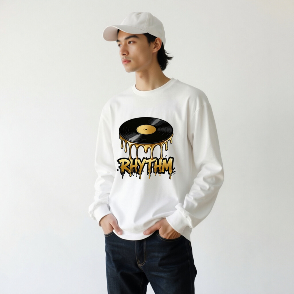 Rhythm Vinyl Record Long Sleeve Tee - Unisex Black & Gold Dripping Design - Image 5