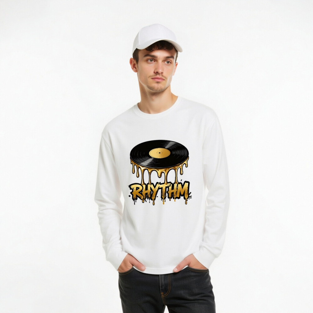 Rhythm Vinyl Record Long Sleeve Tee - Unisex Black & Gold Dripping Design - Image 6