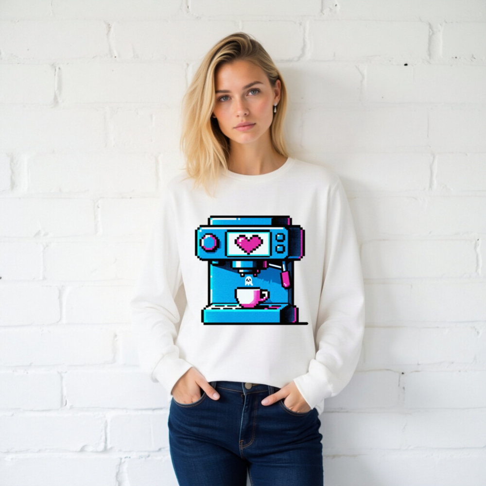 Pixel Art Coffee Machine Unisex Long Sleeve Tee - Blue & Pink Retro Design - Image 2