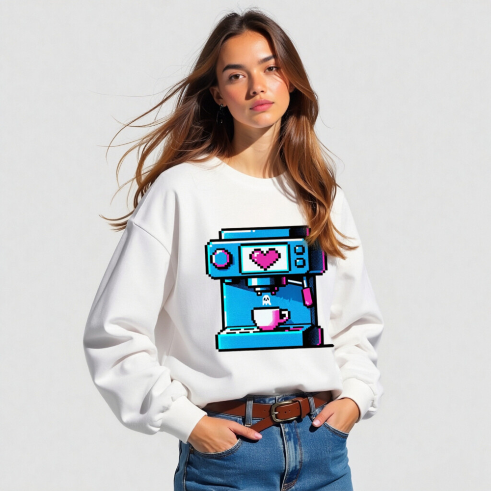 Pixel Art Coffee Machine Unisex Long Sleeve Tee - Blue & Pink Retro Design - Image 3