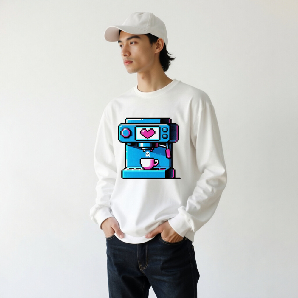 Pixel Art Coffee Machine Unisex Long Sleeve Tee - Blue & Pink Retro Design - Image 5