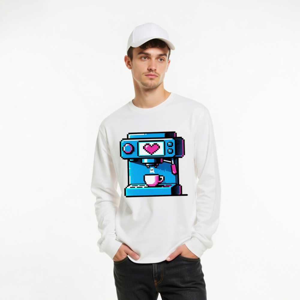 Pixel Art Coffee Machine Unisex Long Sleeve Tee - Blue & Pink Retro Design - Image 6